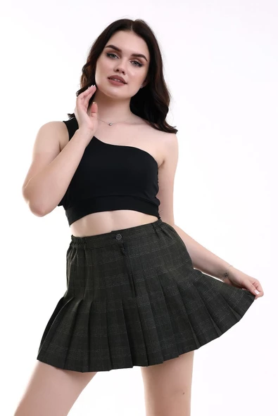 For Pretty Kadın Füme Yandan Lastikli Pileli Ekose Etek