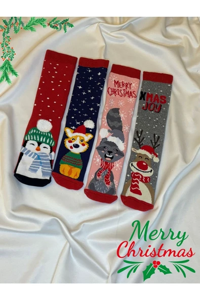 For Pretty Yılbaşı-Christmas-Noel Hayvan Desenli Unısex 4'lü Çorap