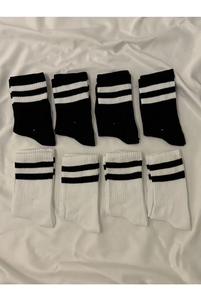 For Pretty 8'li Unisex Çizgili Siyah-Beyaz Kolej Tenis Çorap