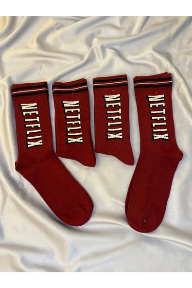 For Pretty 4'Lü Netflix Detay Unısex Kırmızı Kolej Çorap
