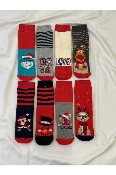 For Pretty 8'Li Yılbaşı Christmas Noel Detay %100 Pamuklu Unısex Çorap