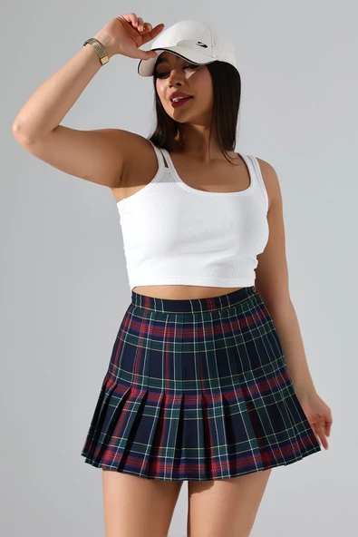 For Pretty Kadın Pileli Lacivert Mini Ekose Etek
