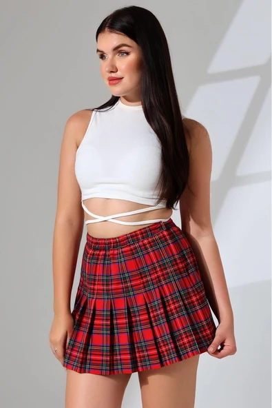 For Pretty Pileli Kırmızı Ekose Mini ETEK - 4
