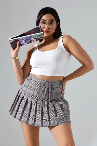 For Pretty Kadın Pileli Gri Ekose Mini Etek