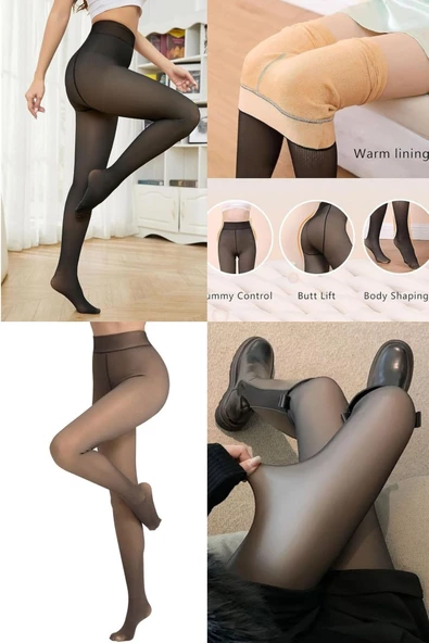For Pretty Kadın Kışlık Ten Görünümlü İçi Peluşlu Termal Tayt Siyah Külotlu Çorap