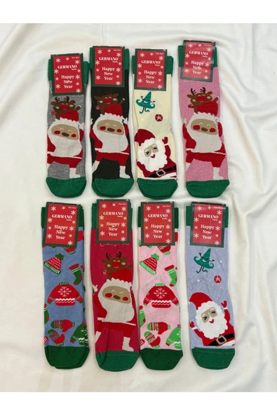 For Pretty 8'Li Yılbaşı Christmas Temalı Unısex Çok Renkli Noel Baba Baskılı Çorap