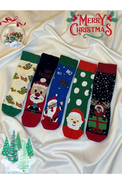 For Pretty Yılbaşı-Noel-Merry Christmas Temalı Unısex 5'li Çorap