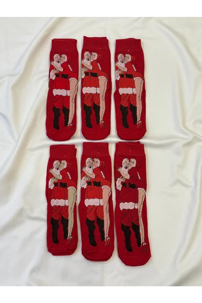 For Pretty 6'Lı Yılbaşı Christmas Temalı Unısex Kırmızı Noel Baba Figürlü  Çorap