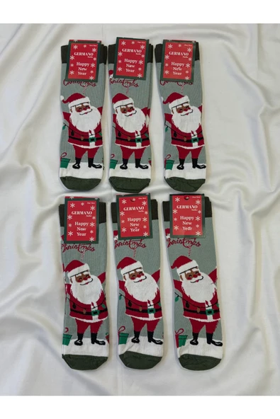 For Pretty 6'Lı Yılbaşı Christmas Temalı Unısex Noel Baba Figürlü Yeşil Çorap