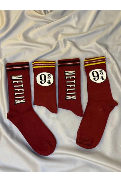 For Pretty 4'Lü Harry Potter Ve Netflix Detay Unısex Kırmızı Kolej Çorap