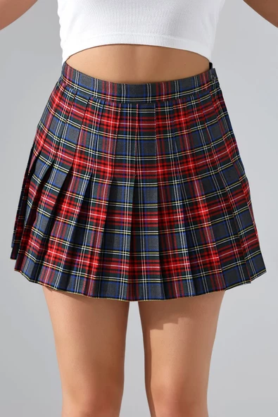 For Pretty Kadın Pileli Ekose Kareli Mini Etek