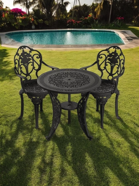 Ferforje görünümlü Plastik Yuvarlak Isparta Masa Sandalye Takımı 1 Masa 2 Sandalye Balkon, Bahçe Mobilyası