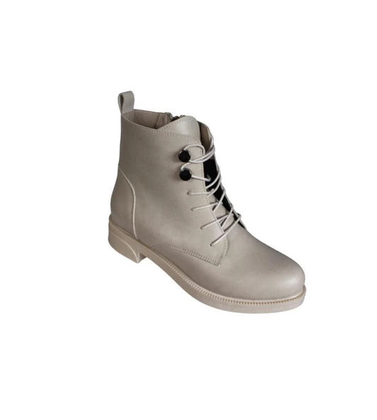 YAZKIŞ Kadın Siyah Ten Cilt Düğmeli Bağcıklı 13cm Bilek Boyu 3cm Düz Taban Bot - Resim 3