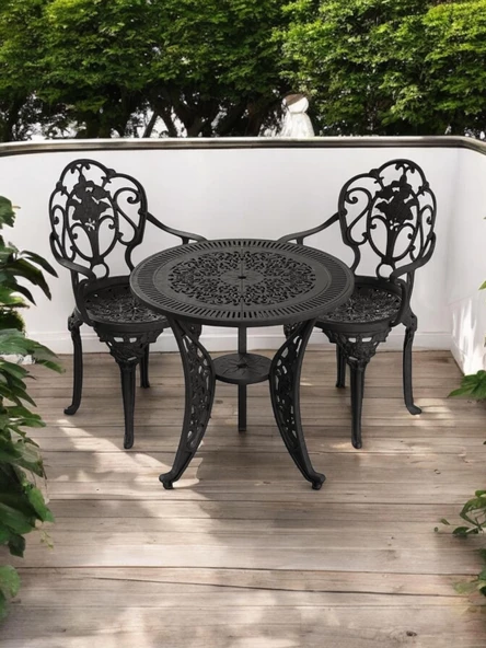 Ferforje görünümlü Plastik Yuvarlak Isparta Masa Sandalye Takımı 1 Masa 2 Sandalye Balkon, Bahçe Mobilyası - 8