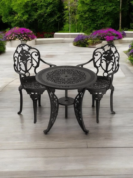 Ferforje görünümlü Plastik Yuvarlak Isparta Masa Sandalye Takımı 1 Masa 2 Sandalye Balkon, Bahçe Mobilyası - 9