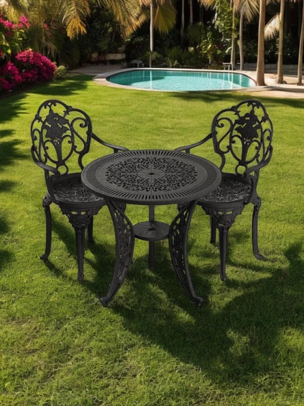 Ferforje görünümlü Plastik Yuvarlak Isparta Masa Sandalye Takımı 1 Masa 2 Sandalye Balkon, Bahçe Mobilyası - 7