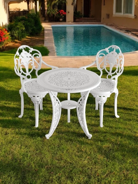 Ferforje görünümlü Plastik Yuvarlak Isparta Masa Sandalye Takımı 1 Masa 2 Sandalye Balkon, Bahçe Mobilyası - 2