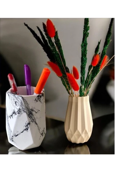 Dekoratif Masa Üstü Beton Kalemlik İle Baklava Desenli Piramit Vazo(Dekor Çiçekli) 2 Ürün Bir Arada