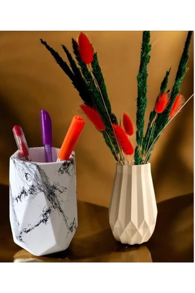 Dekoratif Masa Üstü Beton Kalemlik İle Baklava Desenli Piramit Vazo(Dekor Çiçekli) 2 Ürün Bir Arada - 2