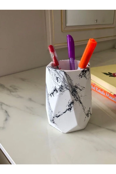 Dekoratif Masa Üstü Beton Kalemlik İle Baklava Desenli Piramit Vazo(Dekor Çiçekli) 2 Ürün Bir Arada - 5