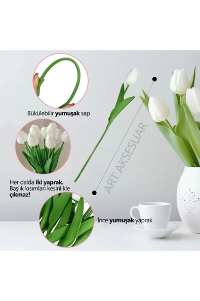 Yapay 8 Li Islak Lale Buketi Gerçeksi Doku Beyaz - Yapay Lale 32 Cm 8 Adet - 2