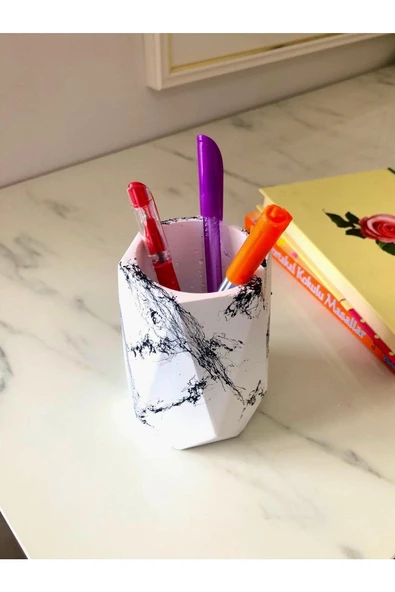 Dekoratif Masa Üstü Beton Kalemlik İle Baklava Desenli Piramit Vazo(Dekor Çiçekli) 2 Ürün Bir Arada - 3