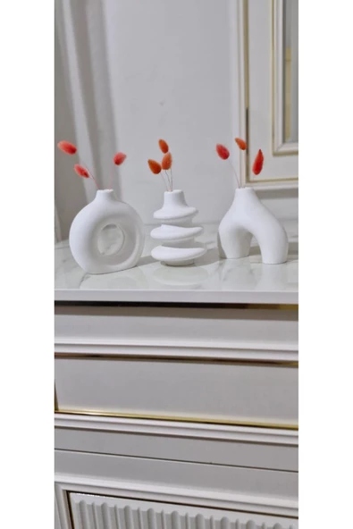 Minimal Vazo Set 3'lü Bohem Biblo Minyatür Dekoratif Dayanıklı Beton Set - 7