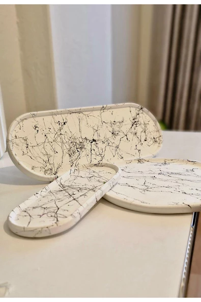 Mermer Desenli 3 lü Sunumluk Tabak Seti Dekoratif Obje Şık Görünüm, Tasarım Harikası - 2