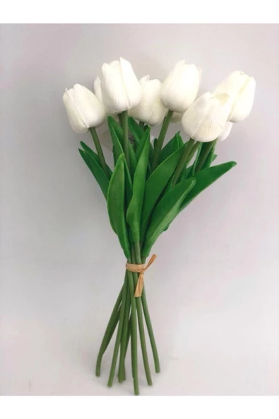 Yapay 8 Li Islak Lale Buketi Gerçeksi Doku Beyaz - Yapay Lale 32 Cm 8 Adet - 8