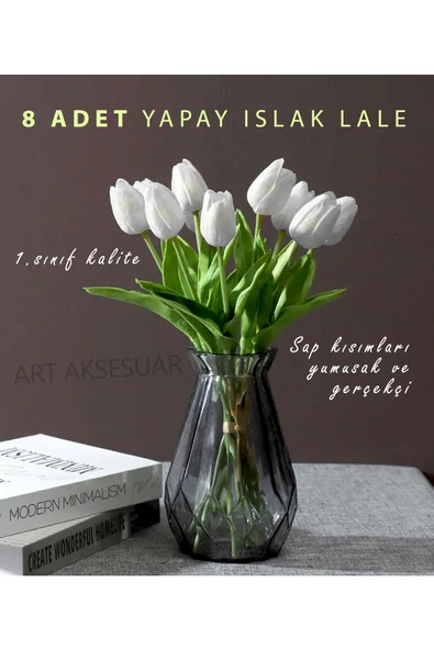 Yapay 8 Li Islak Lale Buketi Gerçeksi Doku Beyaz - Yapay Lale 32 Cm 8 Adet - 3