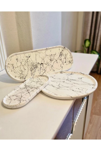 Mermer Desenli 3 lü Sunumluk Tabak Seti Dekoratif Obje Şık Görünüm, Tasarım Harikası