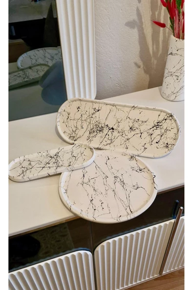 Mermer Desenli 3 lü Sunumluk Tabak Seti Dekoratif Obje Şık Görünüm, Tasarım Harikası - 4
