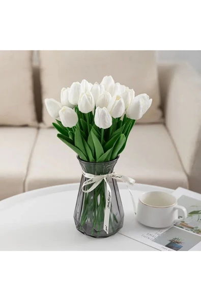 Yapay 8 Li Islak Lale Buketi Gerçeksi Doku Beyaz - Yapay Lale 32 Cm 8 Adet - 6