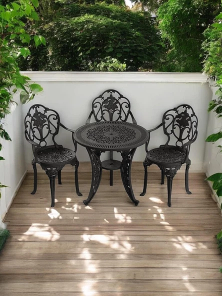 Ferforje görünümlü Plastik Yuvarlak Isparta Masa Sandalye Takımı 1 Masa 3 Sandalye Balkon, Bahçe Mobilyası - 9