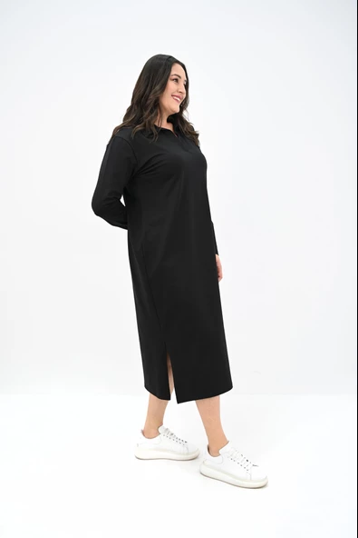 Kadın Büyük Beden Uzun Kollu Yaka Detaylı Elbise 5283-25 - 5