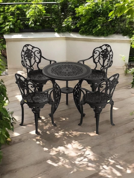 Ferforje görünümlü Plastik Yuvarlak Isparta Masa Sandalye Takımı 1 Masa 4 Sandalye Balkon, Bahçe Mobilyası - 9