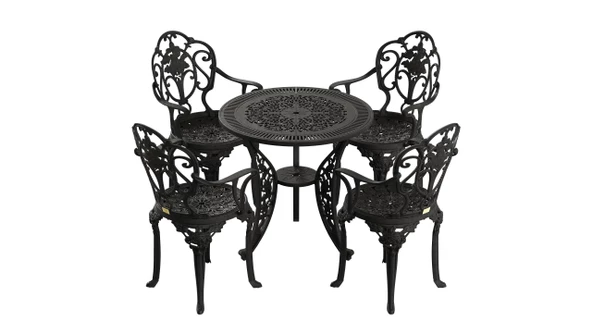 Ferforje görünümlü Plastik Yuvarlak Isparta Masa Sandalye Takımı 1 Masa 4 Sandalye Balkon, Bahçe Mobilyası - 10