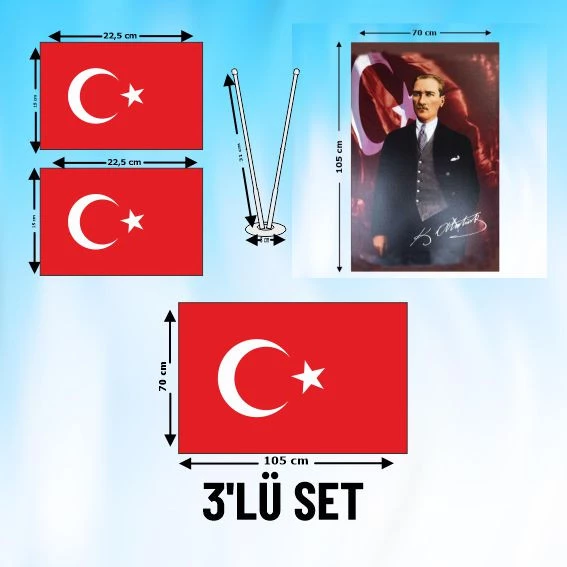 3'LÜ SET_2'Lİ BAYRAK+ BAYRAK+ ATATÜRK POSTERİ