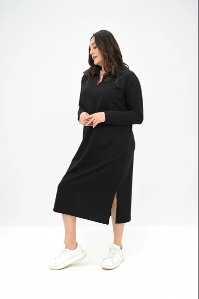 Kadın Büyük Beden Uzun Kollu Yaka Detaylı Elbise 5283-25 - 4