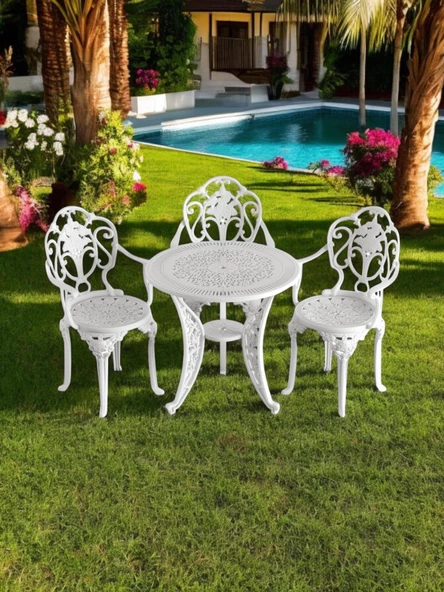 Ferforje görünümlü Plastik Yuvarlak Isparta Masa Sandalye Takımı 1 Masa 3 Sandalye Balkon, Bahçe Mobilyası - 2