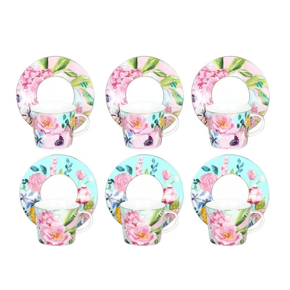 Luckyart Peony Desenli 6 lı Bone China Porselen Çay Fincanı seti 220 ml LYBA037