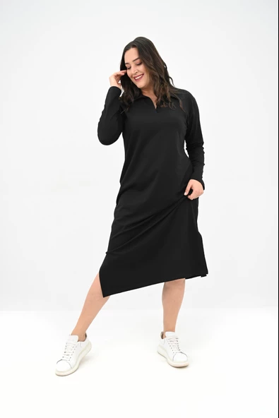 Kadın Büyük Beden Uzun Kollu Yaka Detaylı Elbise 5283-25 - 3
