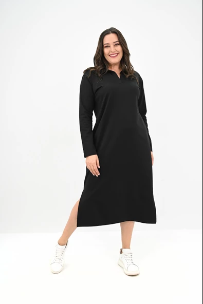 Kadın Büyük Beden Uzun Kollu Yaka Detaylı Elbise 5283-25 - 2