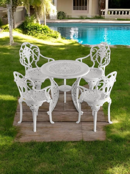 Ferforje görünümlü Plastik Yuvarlak Isparta Masa Sandalye Takımı 1 Masa 4 Sandalye Balkon, Bahçe Mobilyası - 2