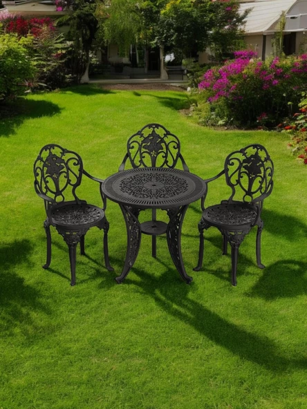 Ferforje görünümlü Plastik Yuvarlak Isparta Masa Sandalye Takımı 1 Masa 3 Sandalye Balkon, Bahçe Mobilyası - 8