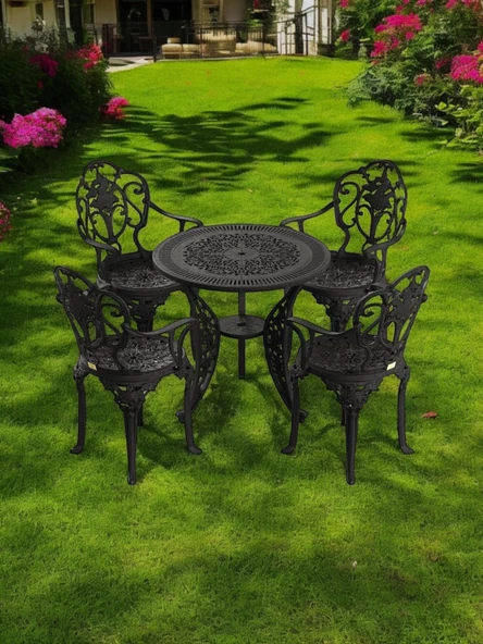 Ferforje görünümlü Plastik Yuvarlak Isparta Masa Sandalye Takımı 1 Masa 4 Sandalye Balkon, Bahçe Mobilyası - 8