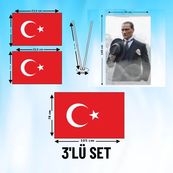 3'LÜ SET_2'Lİ BAYRAK+ BAYRAK+ ATATÜRK POSTERİ