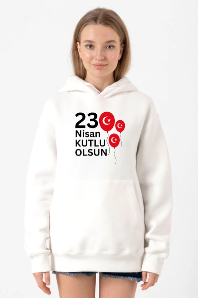 23 Nisan Balon Beyaz Kadın 3ip Kapşonlu Sweatshirt ürün görseli