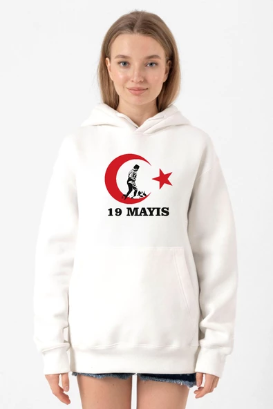 19 Mayıs Ata Beyaz Kadın 3ip Kapşonlu Sweatshirt ürün görseli