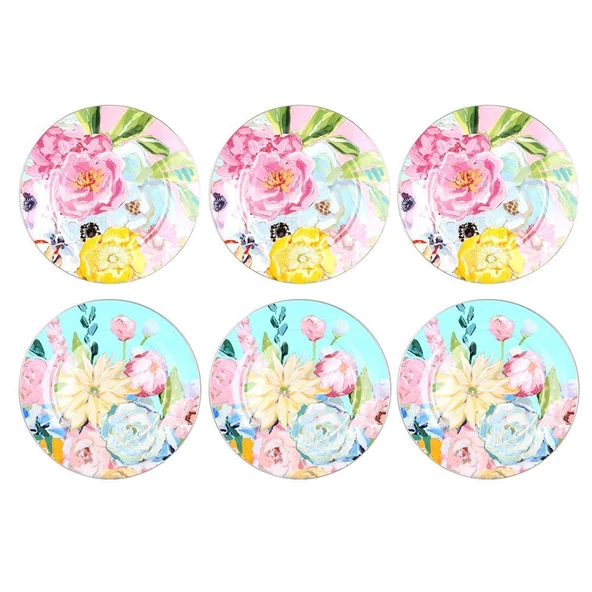 Luckyart Peony Desenli 6 lı Bone China Porselen Pasta tabağı seti 20 cm LYBA040